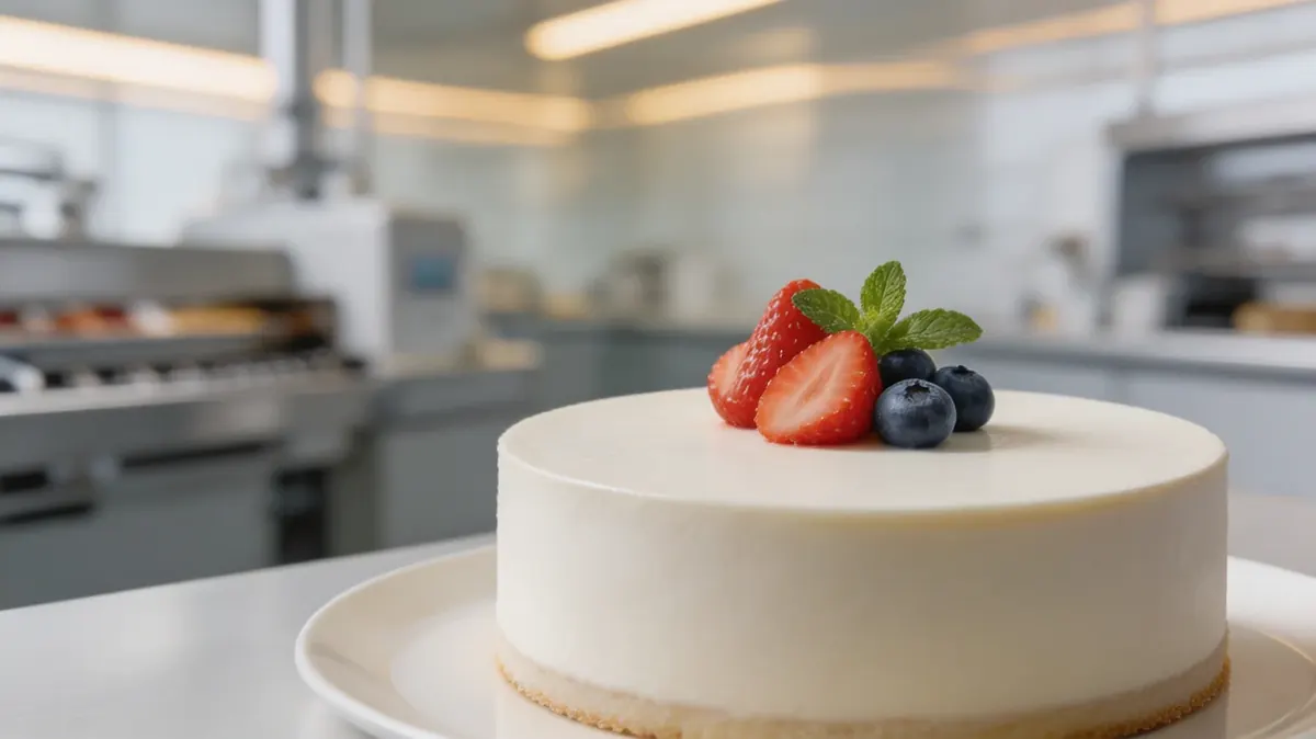 Premium mousse cake in production setting